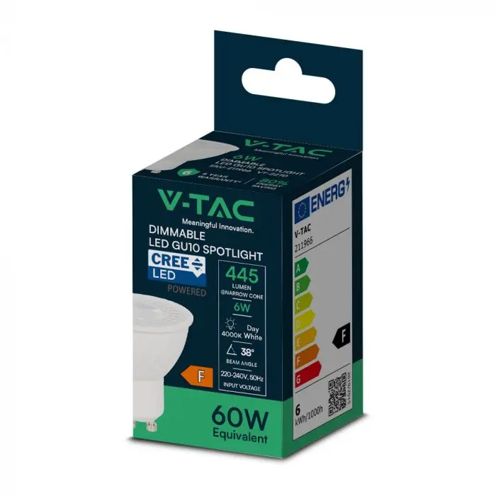 V-TAC - Φωτιστικό LED Chip CREE GU10 6W 38° 6500K Ρυθμιζόμενο V-TAC - Φωτιστικό LED Chip CREE GU10 6W 38° 6500K Ρυθμιζόμενο