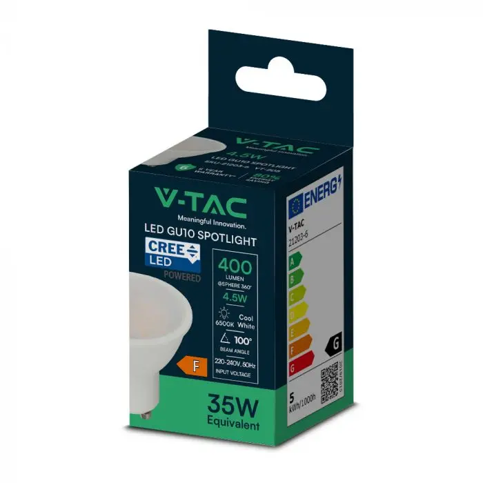 V-TAC - Φωτιστικό LED Chip CREE GU10 4,5W 100° Κάλυψη Ματ 3000K V-TAC - Φωτιστικό LED Chip CREE GU10 4,5W 100° Κάλυψη Ματ 3000K