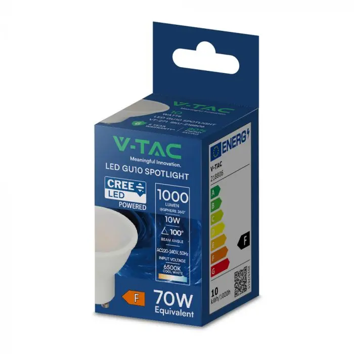 V-TAC - Φωτιστικό LED Chip CREE GU10 10W 100° Κάλυμμα Ματ 3000K V-TAC - Φωτιστικό LED Chip CREE GU10 10W 100° Κάλυμμα Ματ 3000K